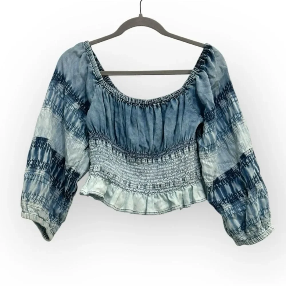 Anthropologie Pilcro Smocked Peasant Top – Blue/White Tie-Dye – Size Small - Picture 3 of 8